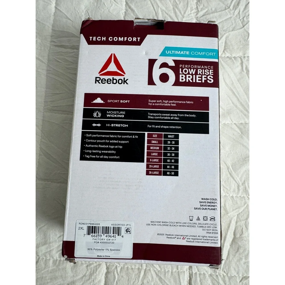 Reebok Mens Performance Low Rise Briefs 6 Pack Tech Comfort Assorted NEW